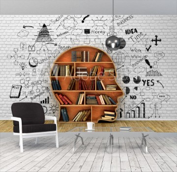 Picture of Wood Bookshelf in the Shape of Human Head and books near break w